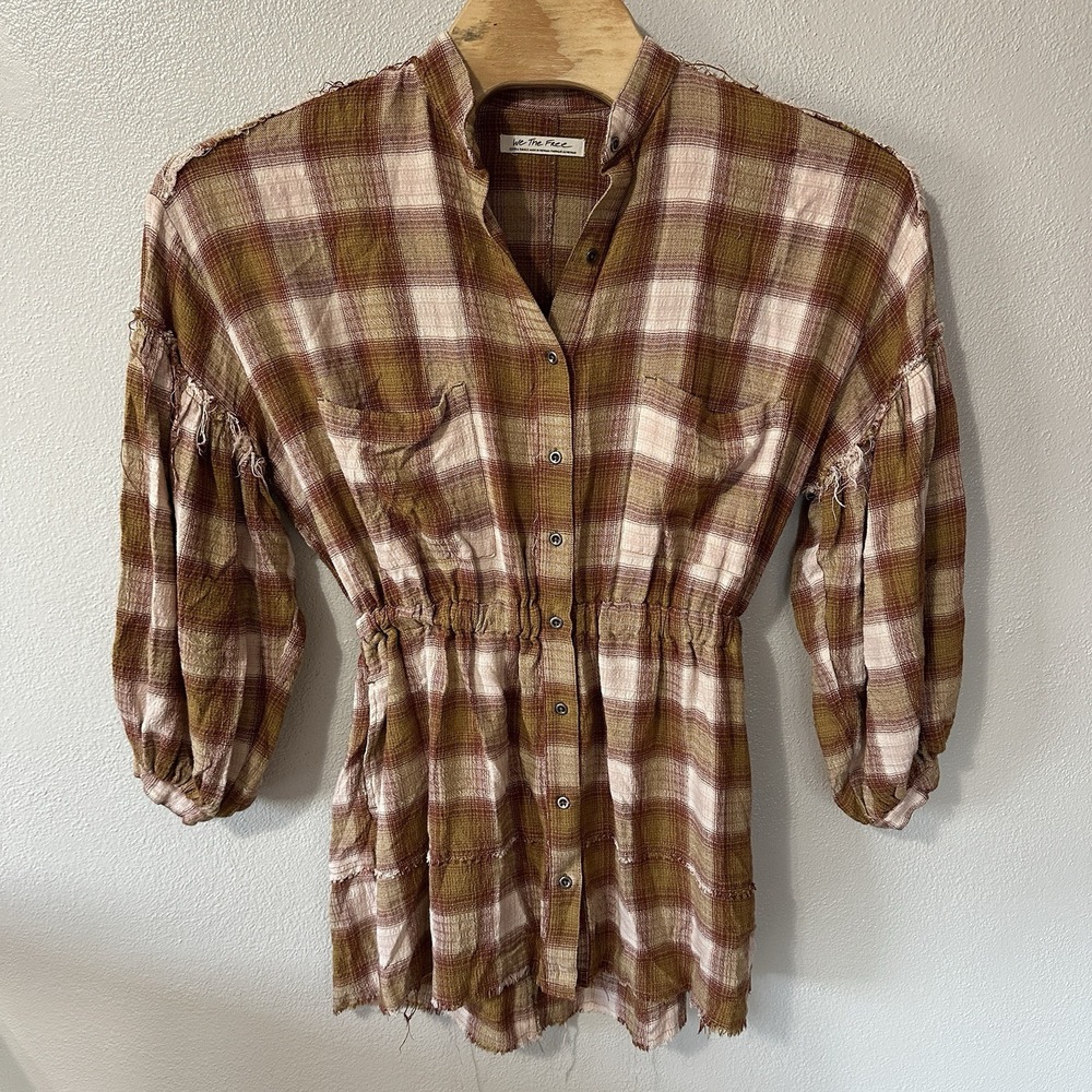 We The Free People Dress Women's XS By The Way Plaid Mini Tunic Button Pockets